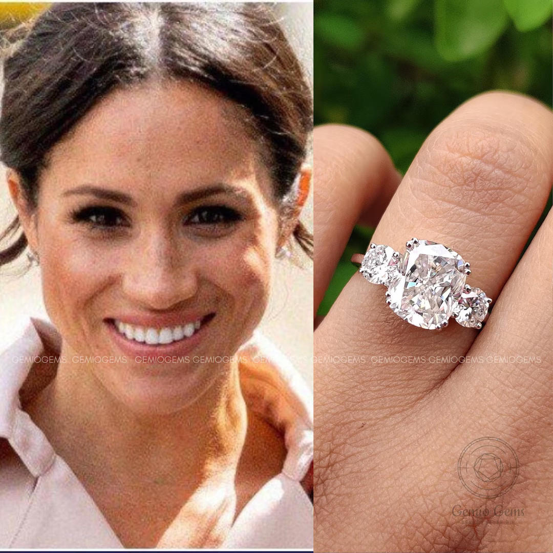 Meghan Markle Ring, 3 CT Cushion Cut Moissanite Engagement Ring, 925 Sterling Silver Three Stone ... | Etsy (US)