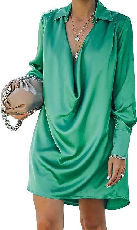 CTU Satin Dress for Women Collar V Neck Drape Ruched Front Long Sleeve Going Out Mini Dresses | Amazon (US)