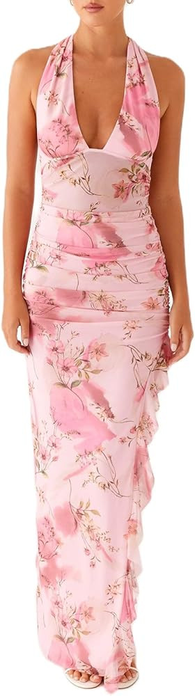 Womens Halter Floral Maxi Dress Deep V Neck Backless Bodycon Long Dresses Y2k Formal Cocktail Goi... | Amazon (US)