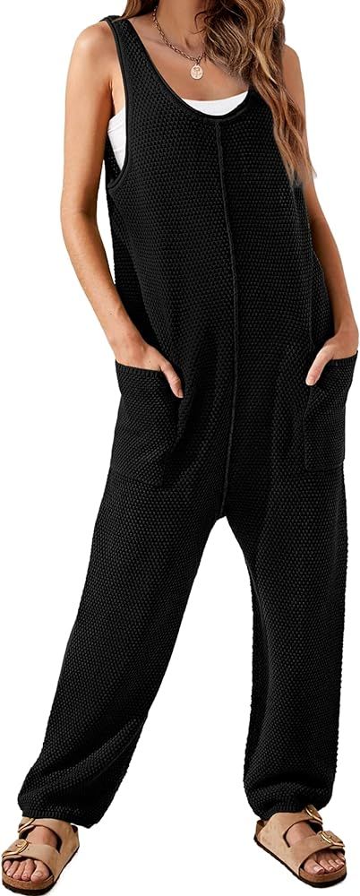 WIHOLL Womens Casual Loose Knit Jumpsuits Sleeveless V Neck Romper with Pocket and Long Pants Ove... | Amazon (US)