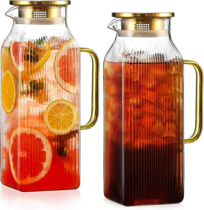 2 Pack 2 Liter/68 oz Square Glass Pitcher with Lid, Classic Stripes Water Pitchers with Handle fo... | Amazon (US)