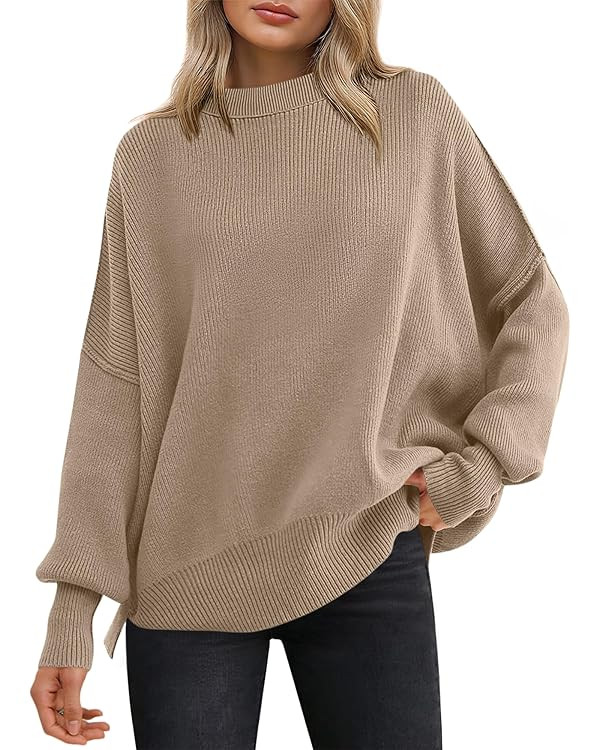 ANRABESS Women Oversized Sweaters Batwing Long Sleeve 2025 Fall Outfits Crewneck Casual Knit Side... | Amazon (US)