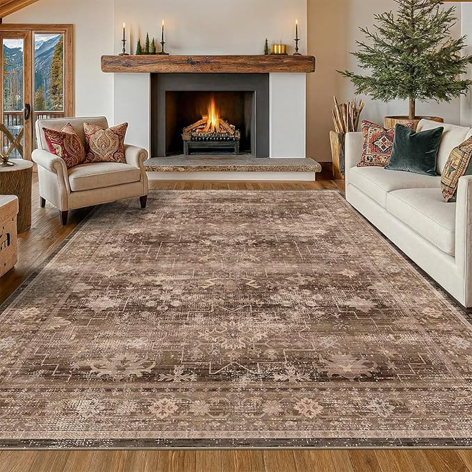Boho Taupe Brown Living Room Rug 8x10 - Modern Vintage Traditional Eclectic Oriental Neutral, Was... | Amazon (US)