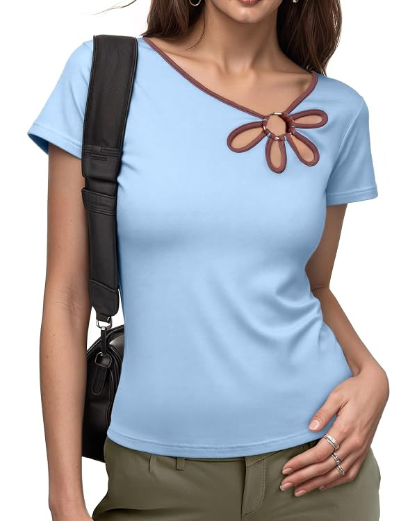 Dokotoo Womens Tops Summer Short Sleeve Crew Neck Slim Fitted Blouse Trendy Cut Out Floral Patter... | Amazon (US)
