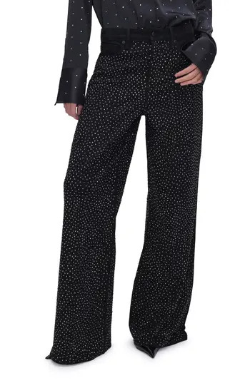 Good American Good Ease Rhinestone Wide Leg Jeans in Black323 at Nordstrom Rack, Size 4 | Nordstrom Rack