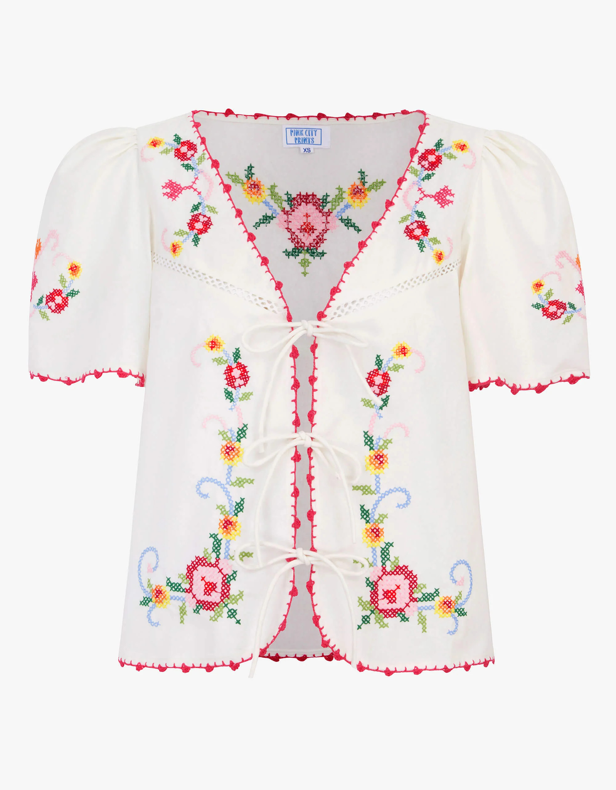 Gia Top | White, Pink & Yellow Floral Blouse | Embroidered Cotton | Pink City Prints UK