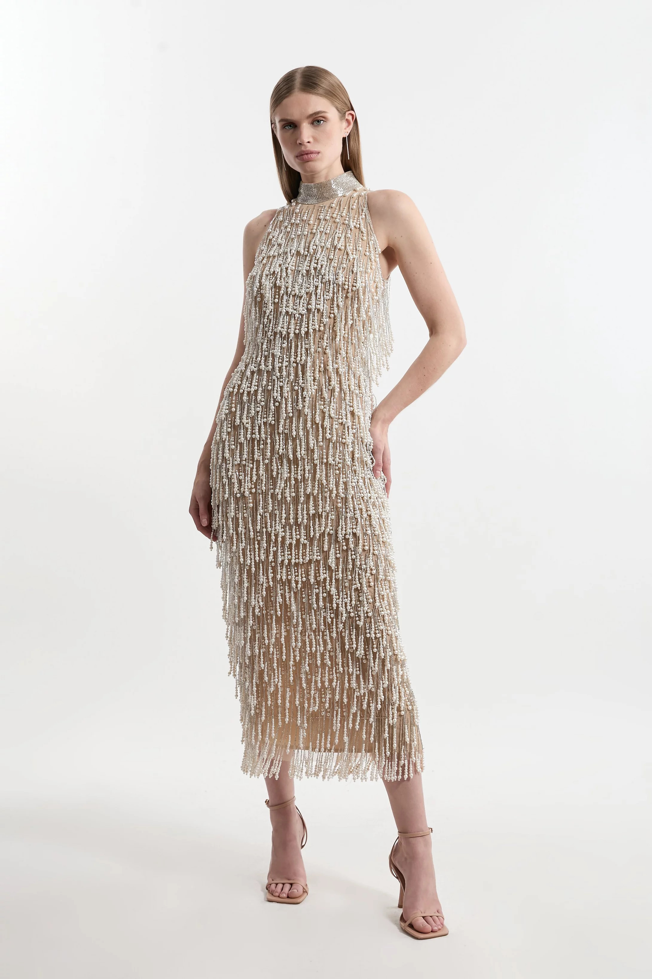 Petite Pearl Tassel Embellished Halter Neck Woven Midi Dress | Karen Millen UK + IE + DE + NL
