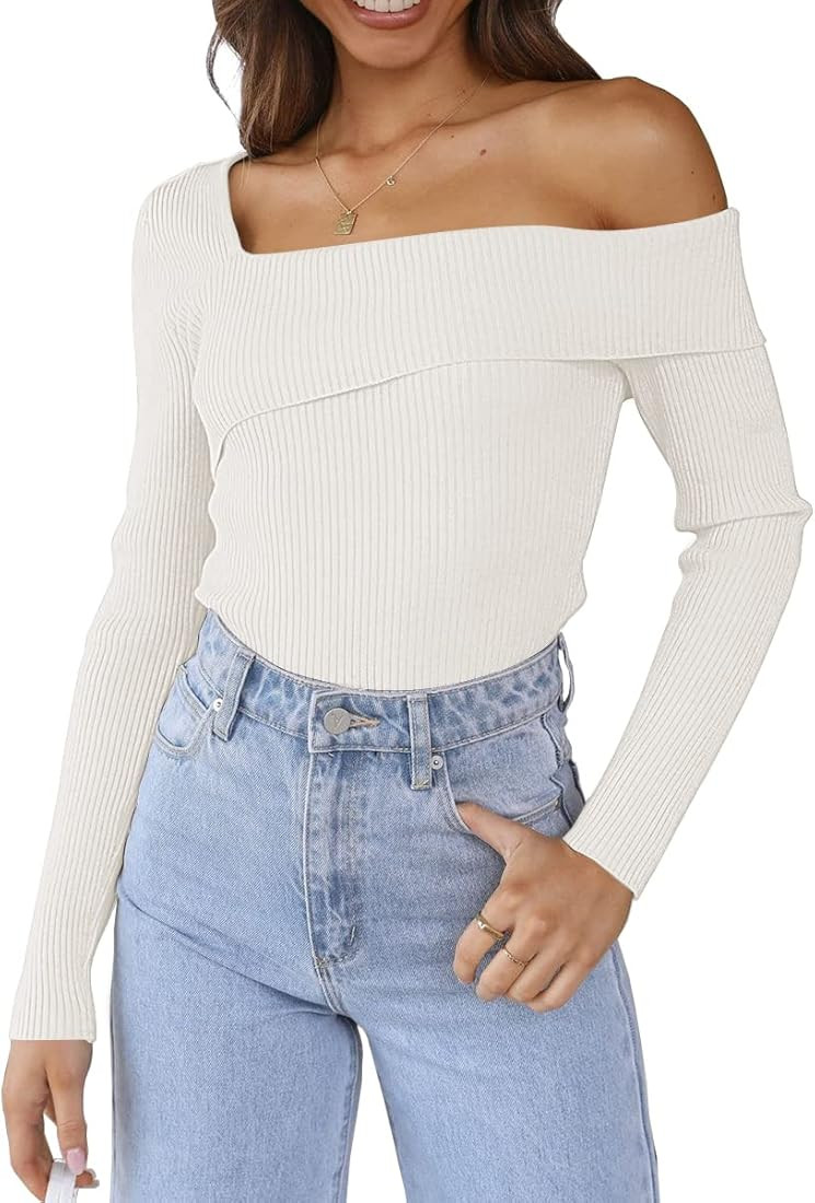 Women's Off Shoulder Sweaters 2023 Fall Long Sleeve Knitted Lightweight Going Out Pullover Sweate... | Amazon (US)