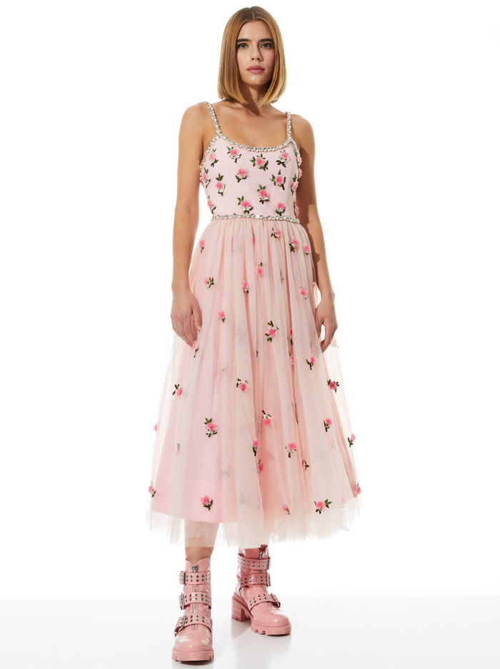 LUPITA CRYSTAL STRAP EMBELLISHED TULLE MIDI GOWN | Alice + Olivia