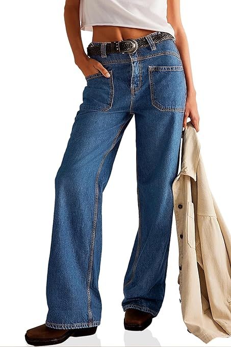 PLNOTME Womens Boyfriend Wide Leg Jeans Casual Loose Mid Rise Denim Pants with Pockets | Amazon (US)