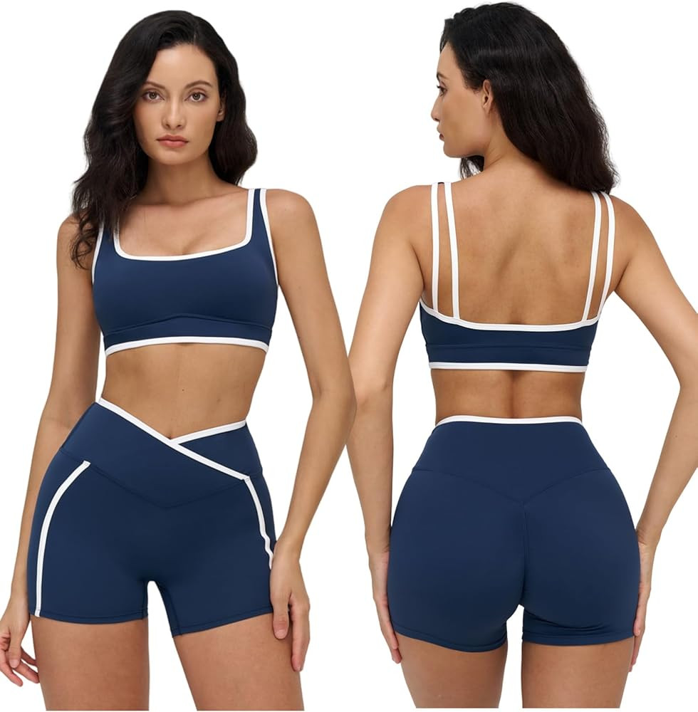 Women Two Piece Workout Sets Color Block Sports Bra and High Waist Shorts Gym Yoga Athletic Outfi... | Amazon (US)
