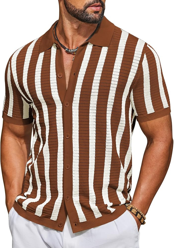 COOFANDY Men's Knit Shirts Short Sleeve Button Down Polo Shirt Striped Casual Summer Beach Shirts | Amazon (US)