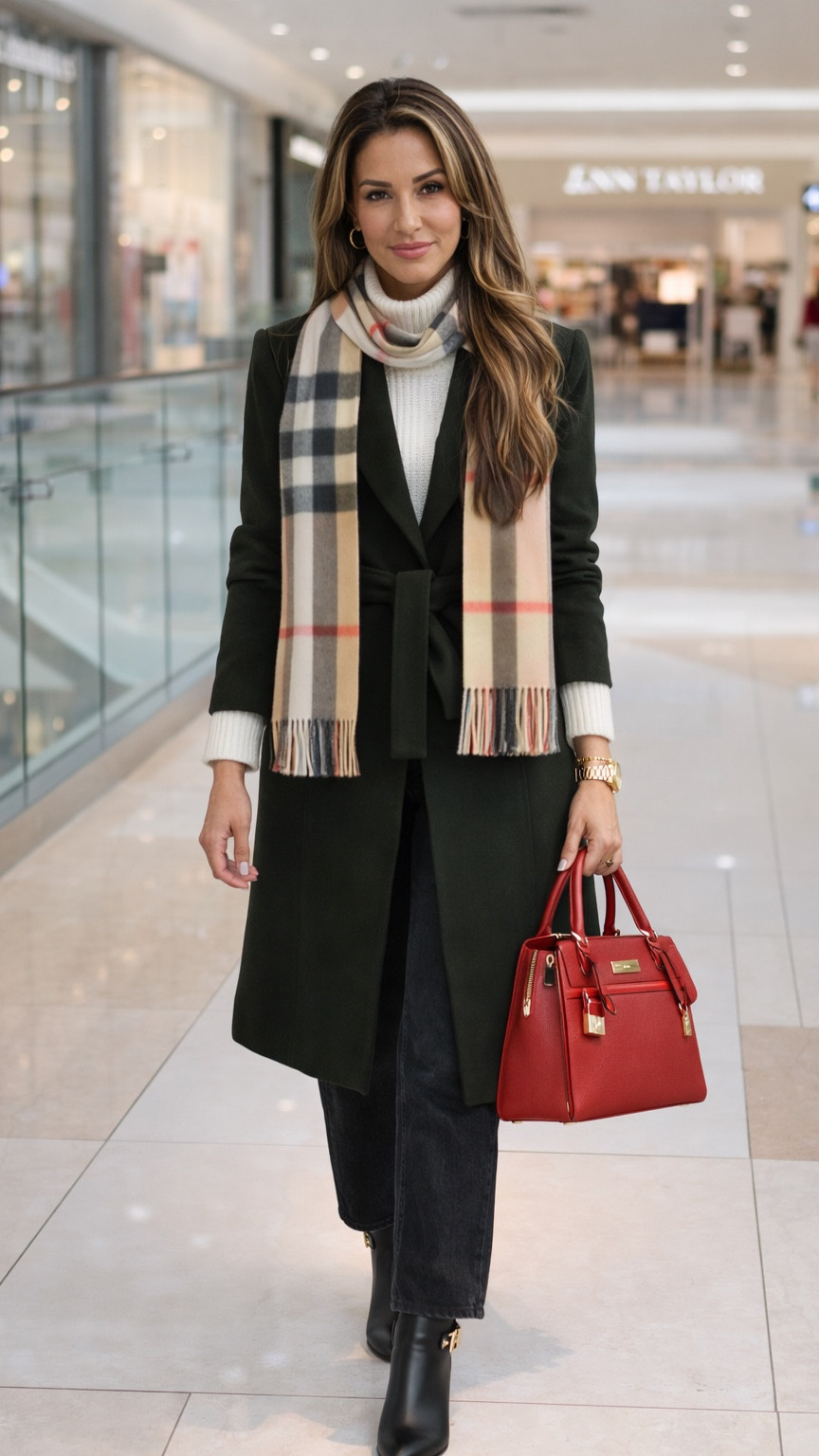 Shop this look ❤️🤍

A timeless winter outfit that feels elevated yet completely wearable. The deep green belted coat paired with a cozy cream turtleneck creates a classic, polished base, while the plaid scarf adds just the right amount of texture and interest. 

Finished with black denim, sleek ankle boots, and a bold red handbag for a pop of color—this is an effortless look for shopping days, brunch, or casual meetings.

#LTKstyle #ShopThisLook #LTKfashion #LTKeveryday #LTKwinter #LTKunder300 #ClassicStyle #TimelessStyle #WinterOutfit #ChicEveryday #NeutralStyle #CapsuleWardrobe #LTKfavorites #ElevatedBasics #EverydayChic
