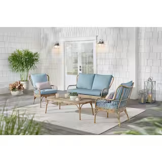 Hampton Bay Southampton 4-Piece Wicker Patio Deep Seating Set with CushionGuard Surf Blue Cushion... | The Home Depot