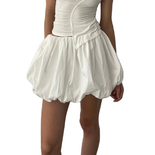 Women Bubble Mini Skirt Y2k Cute Balloon Skirt Casual Elastic Waist A Line Lantern Skirt Solid Puffball Skirt (White, M) | Amazon (US)