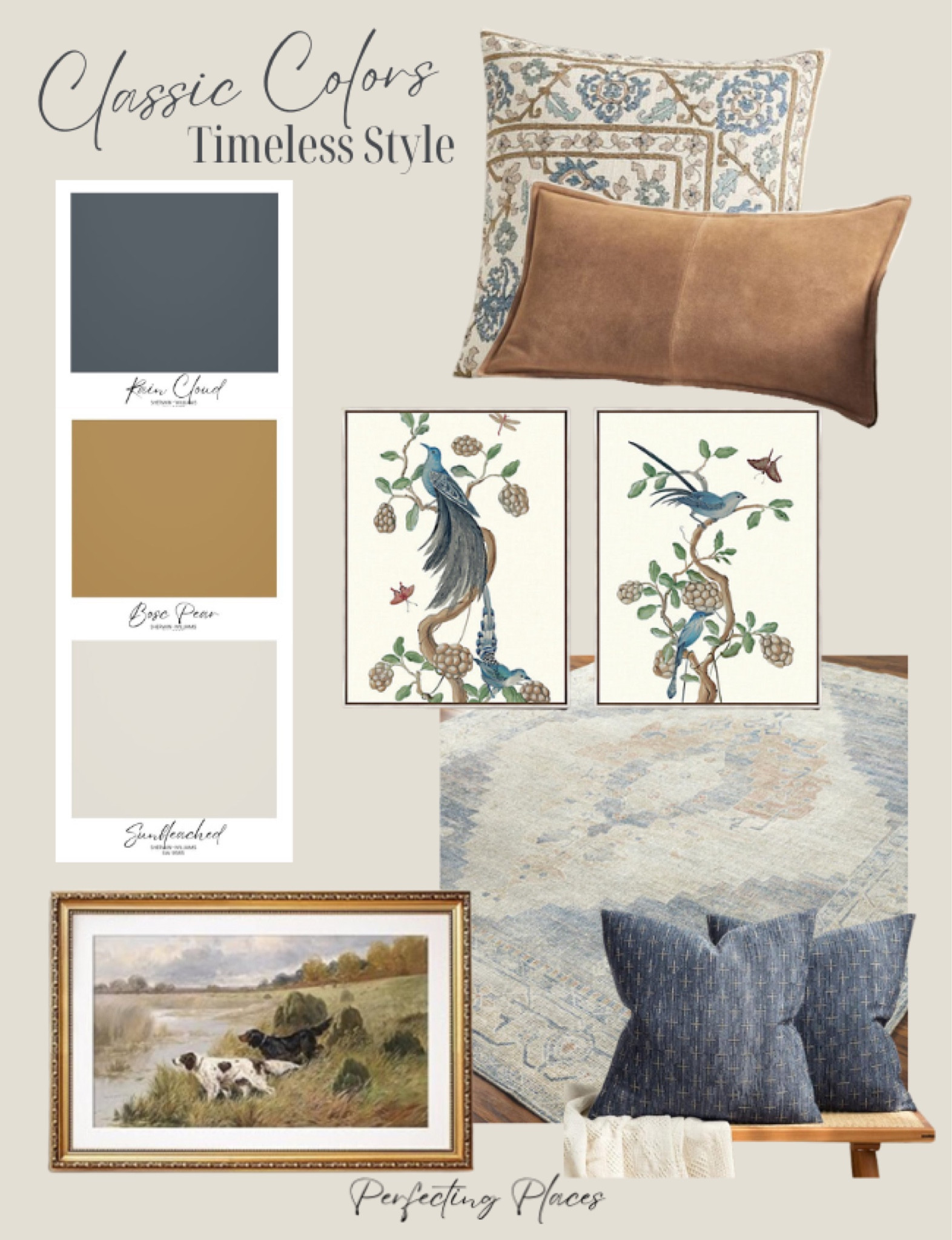 Create this classic look with a fresh twist with colors from the Sherwin-Williams Color Capsule of the Year 2025. Featuring a moody blue and warm golden brown color palette with SW Rain Cloud, Sunbleached, and Bosc Pear, these home decor accessories add a timeless look to your home. Ballard Designs artwork, Pottery Barn throw pillows, Wayfair Becky Owens Livabliss rug.

#LTKStyleTip #LTKHome
