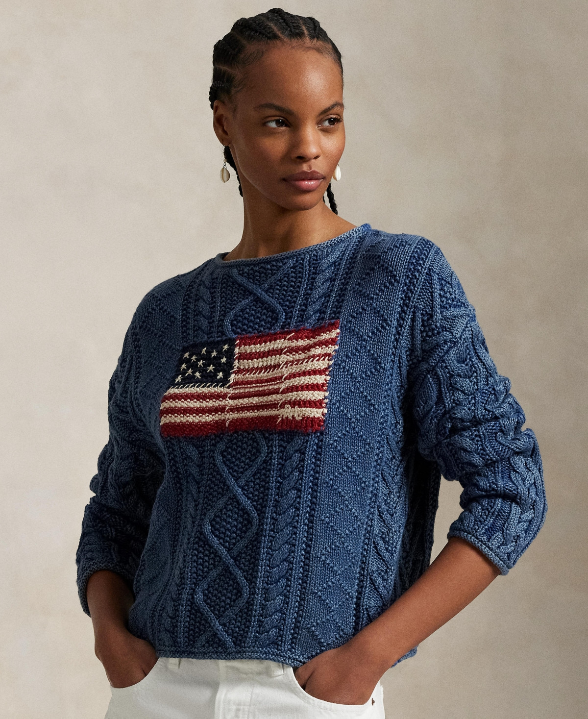 Polo Ralph Lauren Women's Flag Aran-Knit Cotton Sweater - Indigo/multi | Macy's