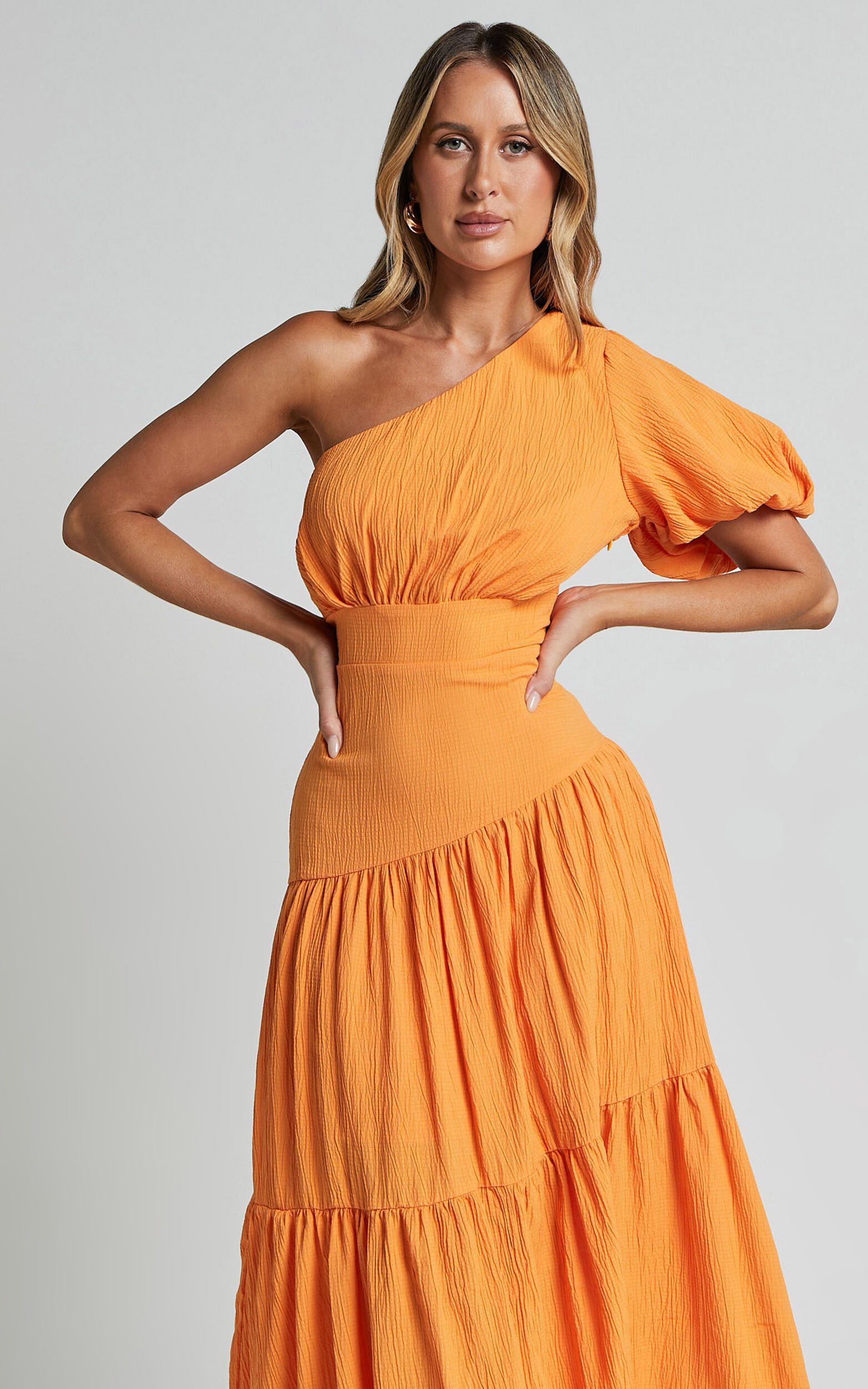 Ciara Midi Dress - One Shoulder Short Puff Sleeve Tiered Dress in Mango | Showpo (US, UK & Europe)