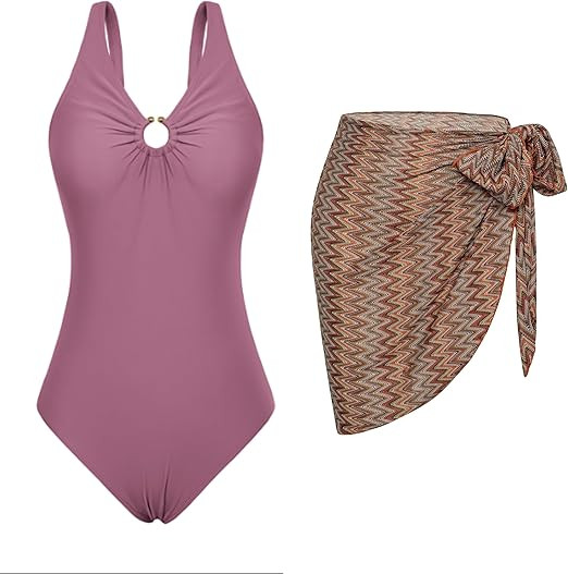 GRACE KARIN Women's One Piece Swimsuit with Cover Up Sarong V Neck Open Back Ruched Ring Swimwear | Amazon (US)