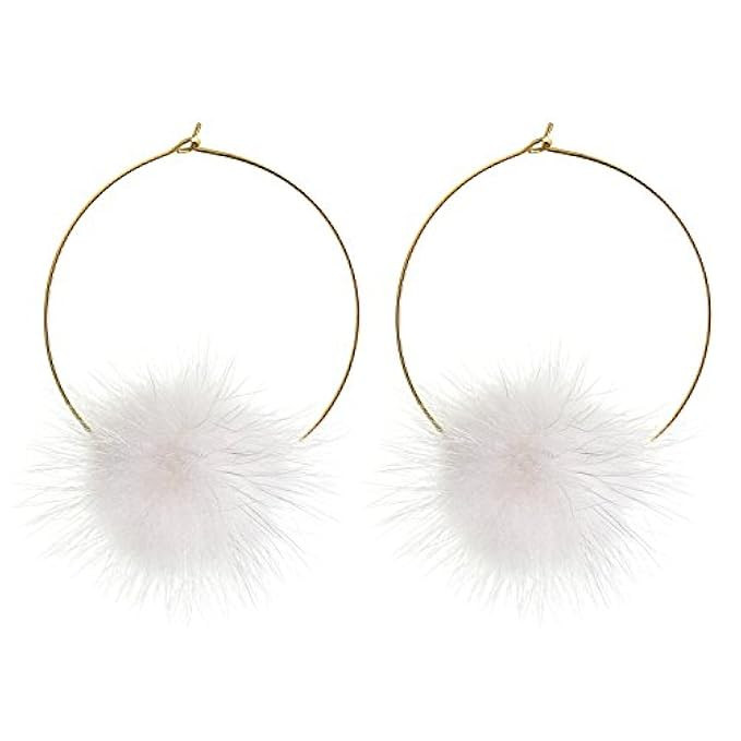 D-DANGLE "Cutie" Pom Pom Dangle Earrings 14K Gold Plated Ball Imitation Fox Fur Drop Hoop Earrings | Amazon (US)