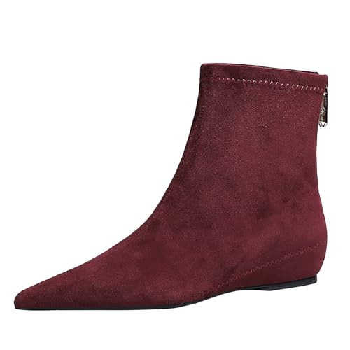 LOVEHEYNEW Women's Suede Flat Ankle Boots with Back Zipper Retro Comfortable Pointed Toe Internal Height Increase Wedge Short Bootie Fall Winter Daily Casual Dress Boots (red,4.5,4.5) | Amazon (US)
