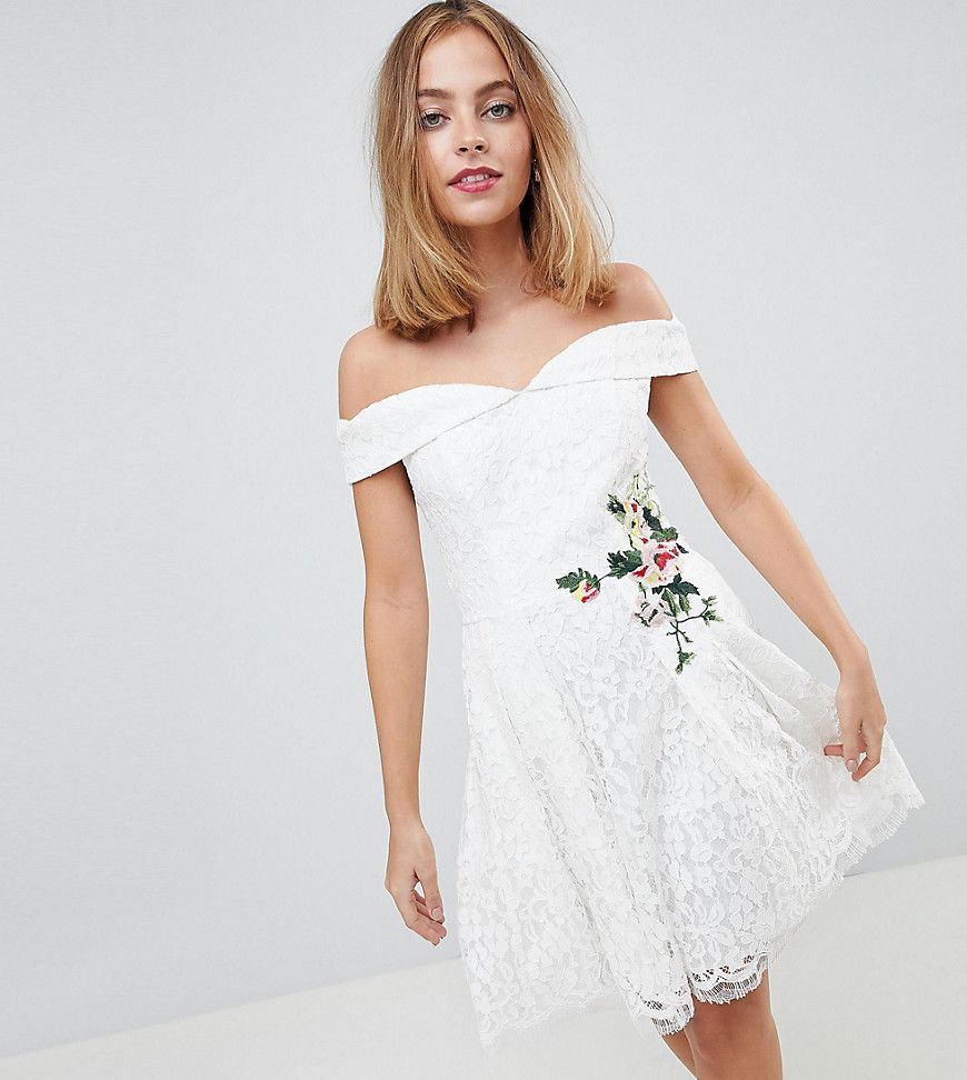 Little Mistress Petite Lace Mini Bardot Dress With Floral Embroidery - Cream | ASOS US