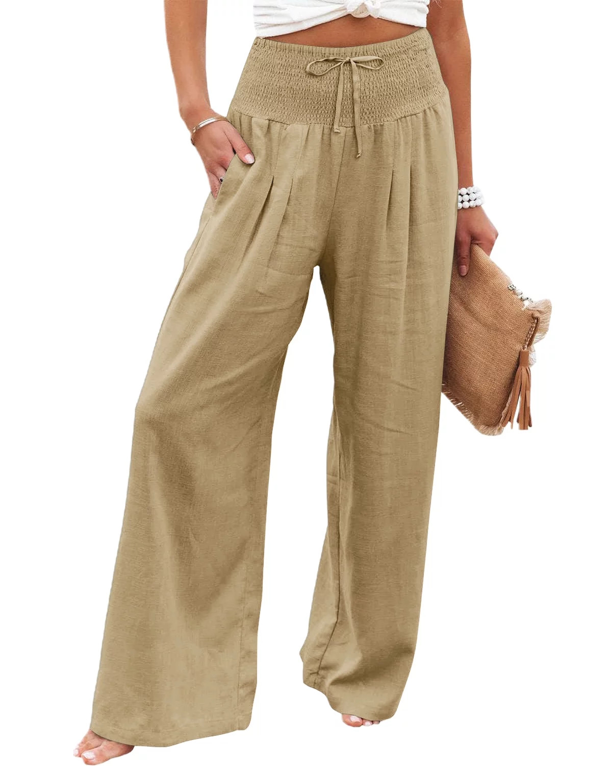 Mumubreal Women's Wide Leg Linen Pants Drawstring High Waist Palazzo Pants Flowy Beach Lounge Tro... | Walmart (US)