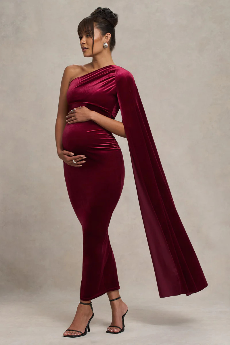 Amaryllis | Berry Velvet Maternity One Shoulder Maxi Dress with Cape Sleeve | Club L London
