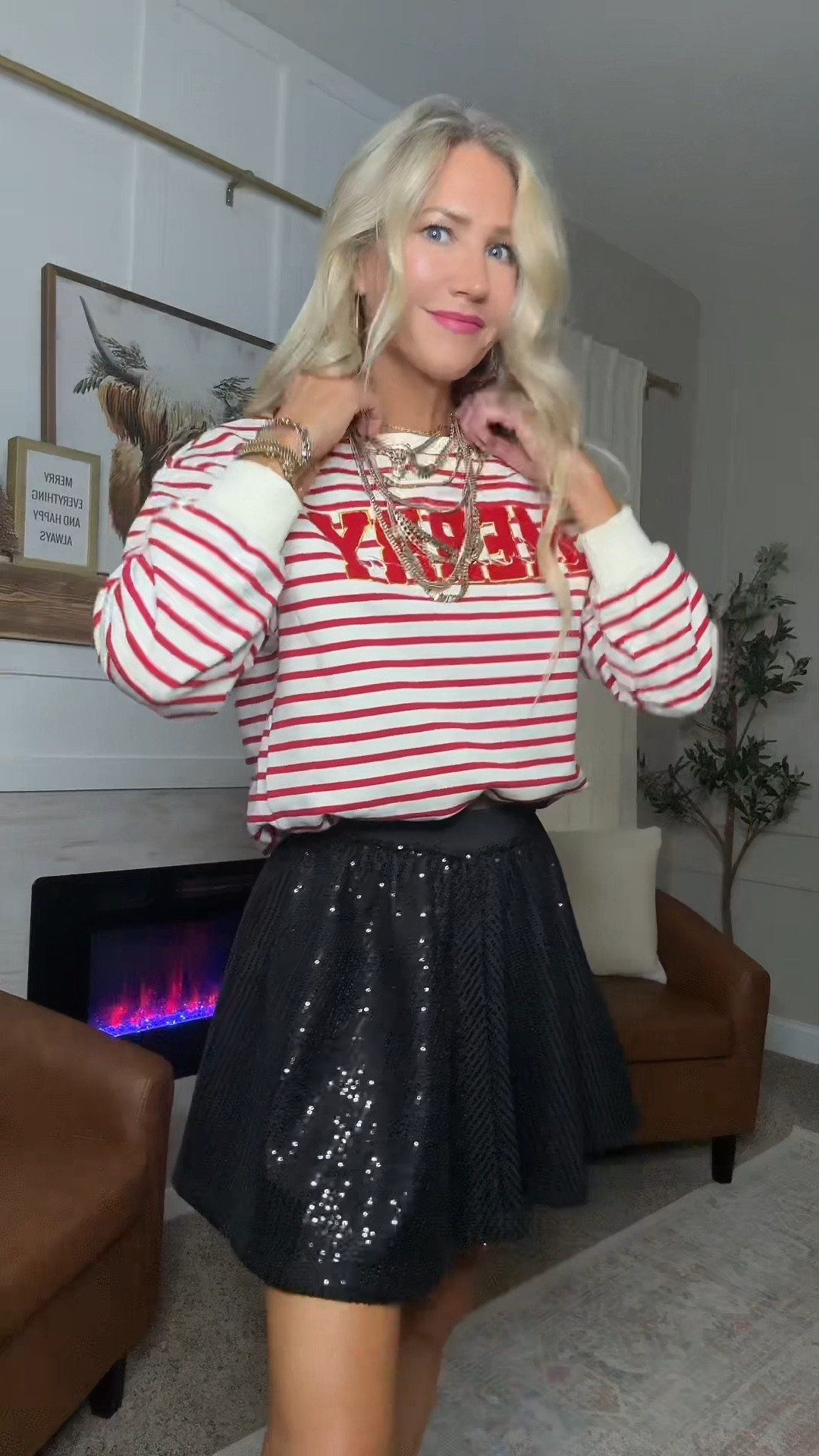 Christmas outfits, holiday outfits, Christmas sweatshirt, styling inspiration, fancy sequins skirt with sparkly, headband, and Christmas sweatshirt

#LTKootd #LTKHoliday #LTKgrwm