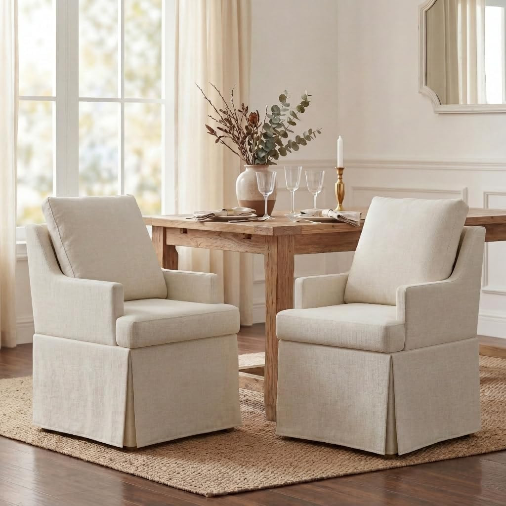 UVV Upholstered Dining Chairs Set of 2, Modern Kitchen Chair Dining Room Chair with 4 Casters, Linen Armchair for Bedroom Reading Room Living Room,Beige | Amazon (US)