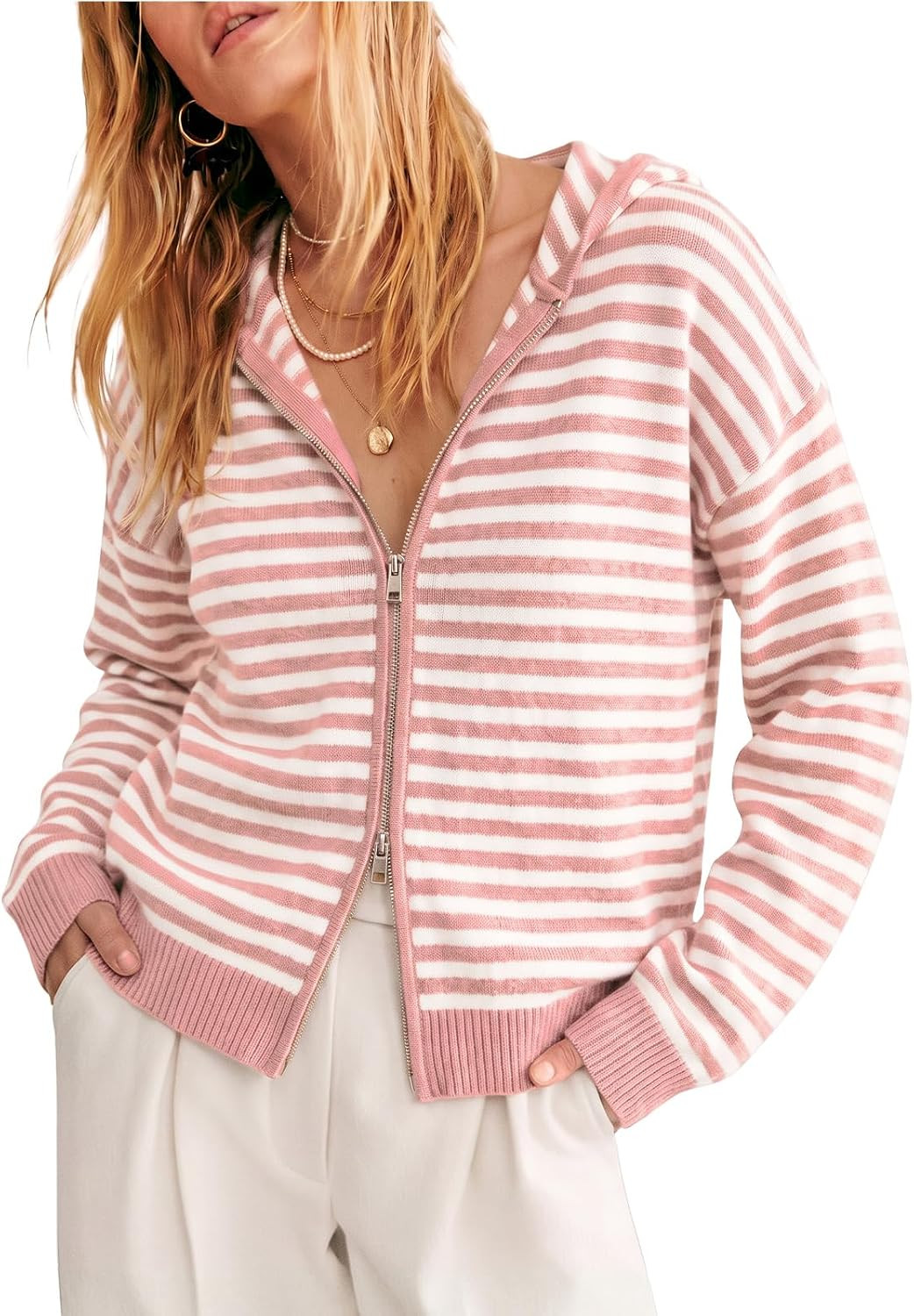 Cicy Bell Womens Striped Hooded Cardigan Zip Up Knit Long Sleeve Sweaters | Amazon (US)