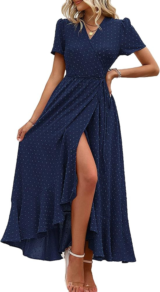 PRETTYGARDEN Women's Summer Wrap Maxi Dress Casual Boho Floral V Neck Short Sleeve Ruffle Hem Spl... | Amazon (US)