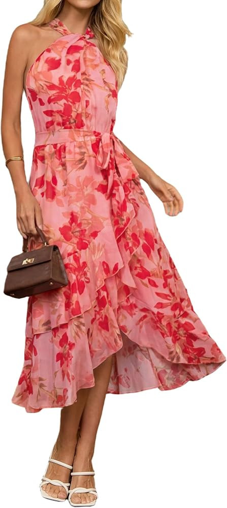 BerryGo Women's Summer Halter Floral Wedding Guest Dress Maxi High Low Ruffled Flowy Beach Vacati... | Amazon (US)