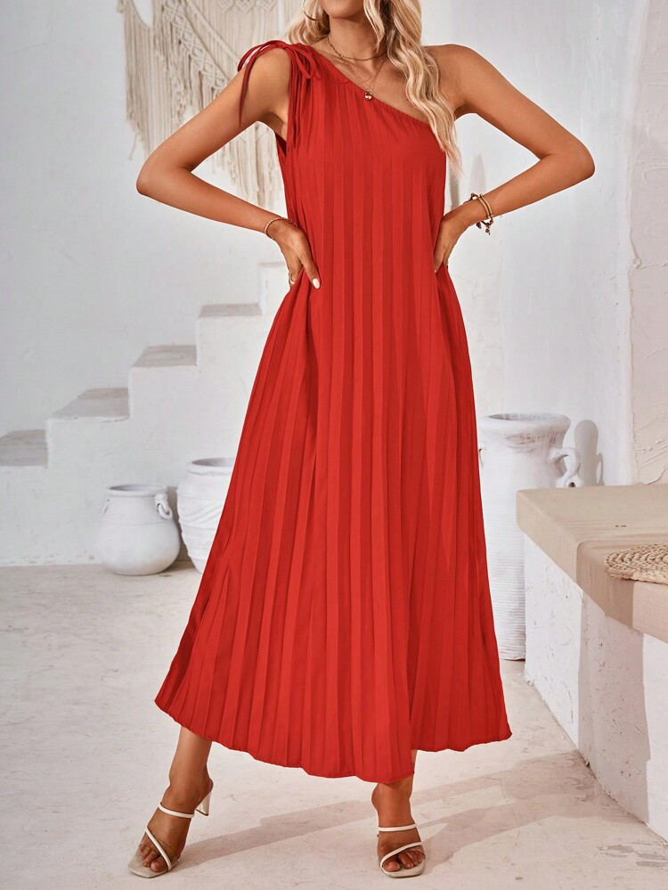 New
     
      SHEIN VCAY One Shoulder Drawstring Detail Pleated Hem Dress | SHEIN