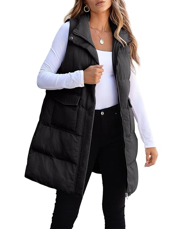 EVALESS Long Puffer Vest Women 2024 Zipper Sleeveless Quilted Vests with Pockets | Amazon (US)