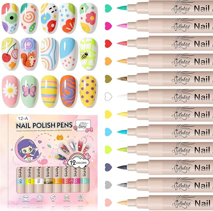 12 Colors Nail Art Pens Set, 3D Nail Color Pens, Quick-Drying Acrylic Paint Markers, Dotting Line... | Amazon (US)
