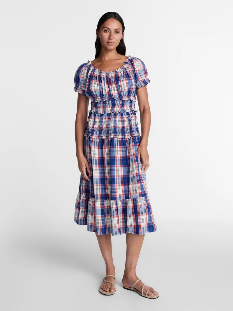 Time and Tru Women's Smocked Cotton Peasant Midi Dress, Sizes XS-XXXL | Walmart (US)