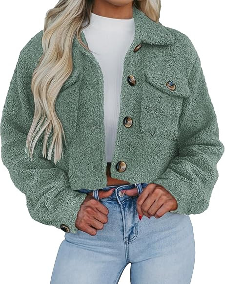 PRETTYGARDEN Womens Fall Clothes Sherpa Shacket Jacket Fuzzy Lapel Button Down Cropped Coat Winte... | Amazon (US)