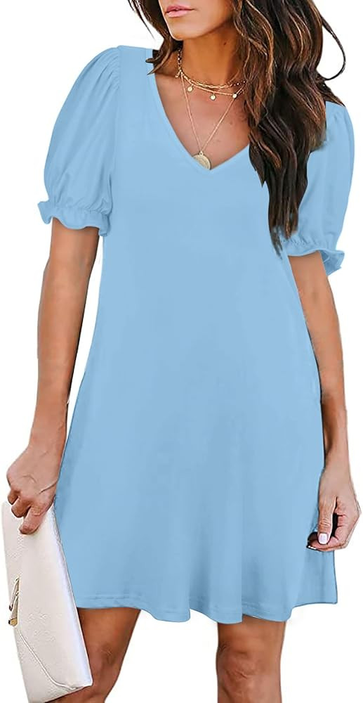 Aloodor Women's Casual Dresses Short Sleeve V-Neck Dress with Pockets | Amazon (US)