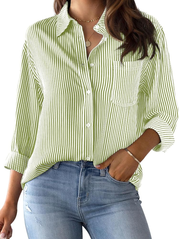 CUNLIN Grade 4 Wrinkle-Resistant Women's Button Down Shirts Striped Long Sleeve Collared Blouses ... | Amazon (US)