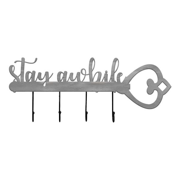 Stay Awhile Wall Sign with Hooks, 8X20 | At Home