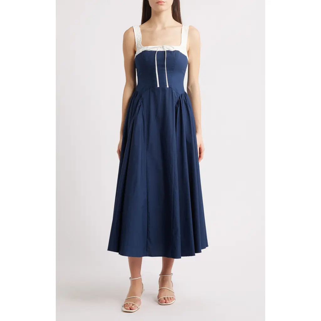 MOON RIVER Colorblock Cotton Midi Dress in Navy at Nordstrom, Size Medium | Nordstrom