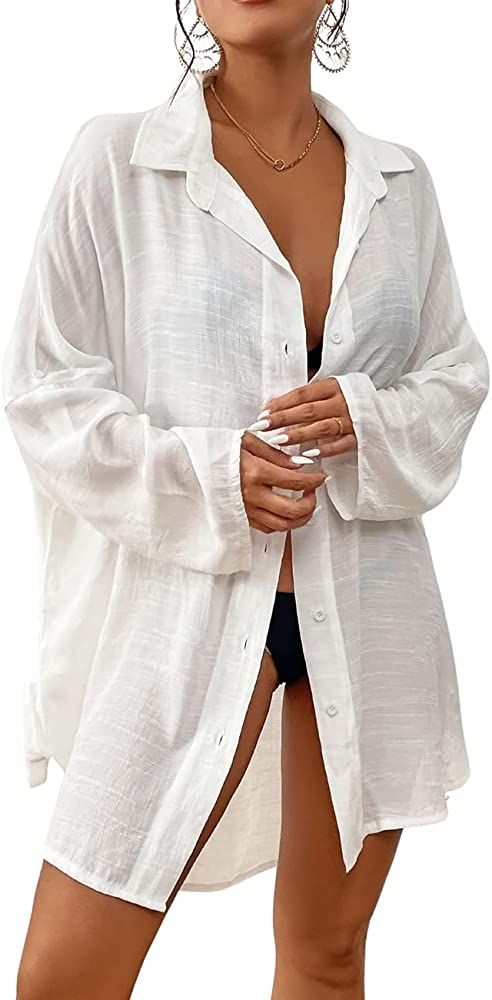 Bsubseach Women 2024 Swimsuit Cover Up Button Down Beach Shirt Blouse Tops | Amazon (US)