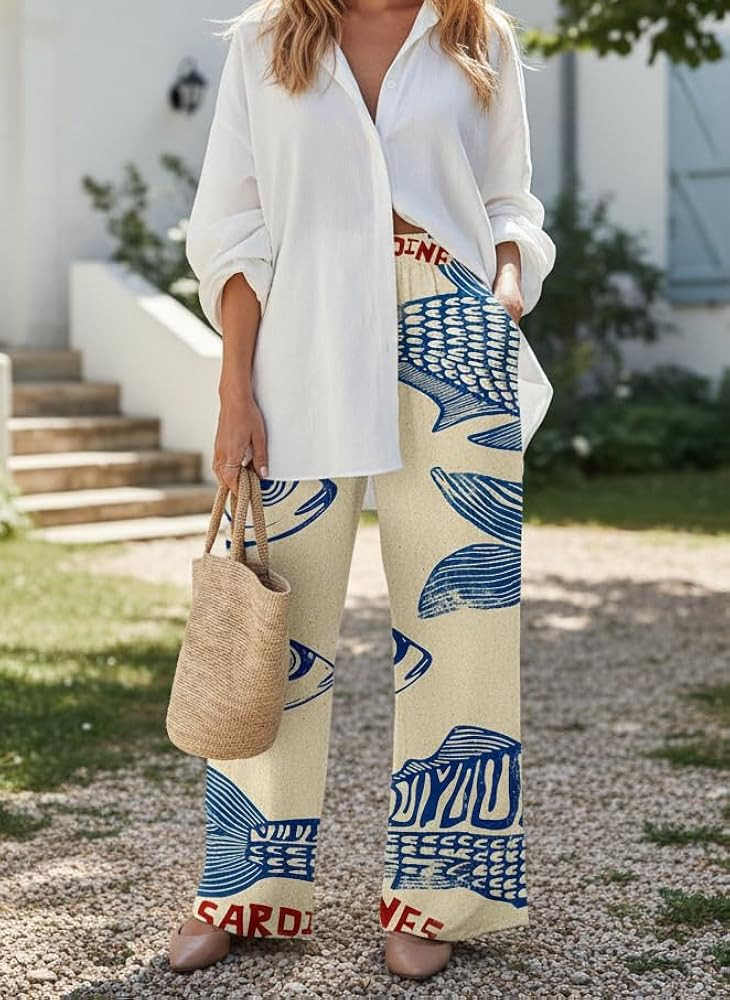 Women Wide Leg Pants, Elastic High Waist Loose Trousers, Casual Summer Beach Vacation Palazzo Pan... | Amazon (US)