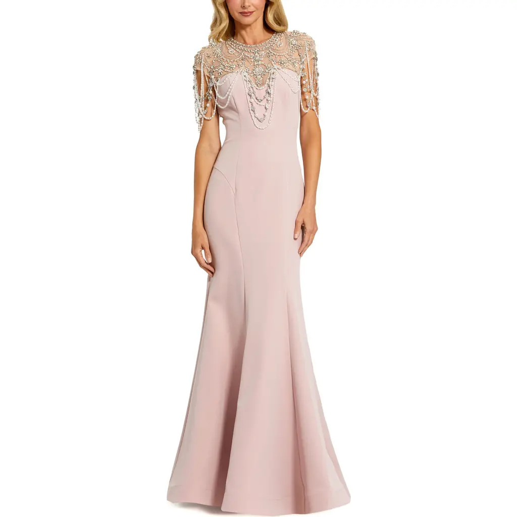 Mac Duggal Draped Pearl Beaded Crepe Mermaid Gown in Vintage Lilac at Nordstrom, Size 6 | Nordstrom