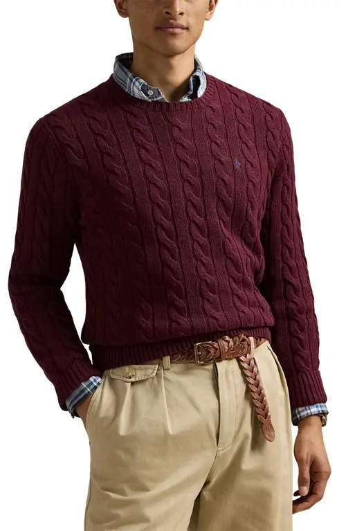 Polo Ralph Lauren Cable Knit Cotton Crewneck Sweater in Mulberry Jam Heather at Nordstrom, Size Medium | Nordstrom