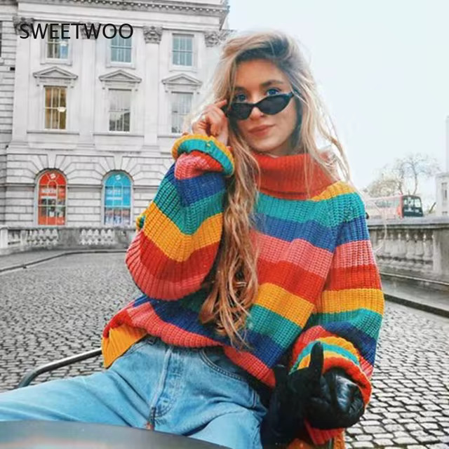2022 Winter Turtlenecks Sweaters for Women Rainbow Stripes Fashion Pullover Female Knitted Jumper... | AliExpress (US)