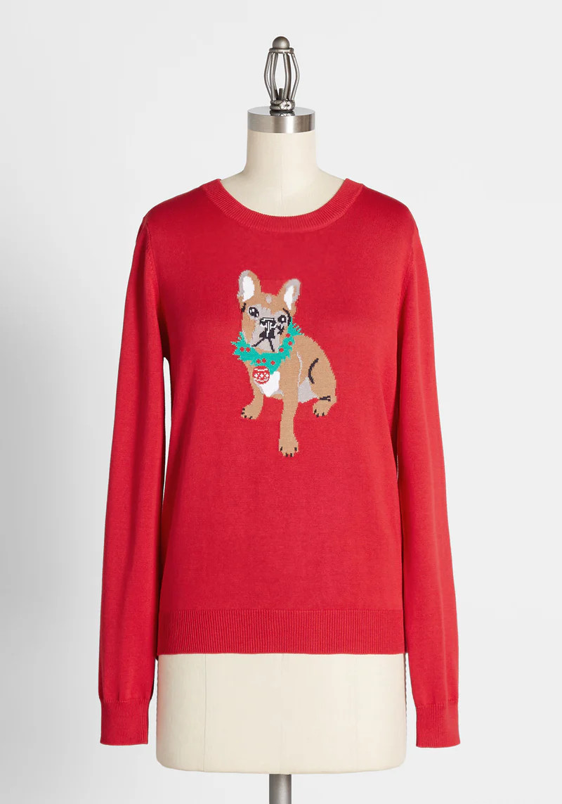 Festive Frenchie Graphic Pullover Sweater | ModCloth