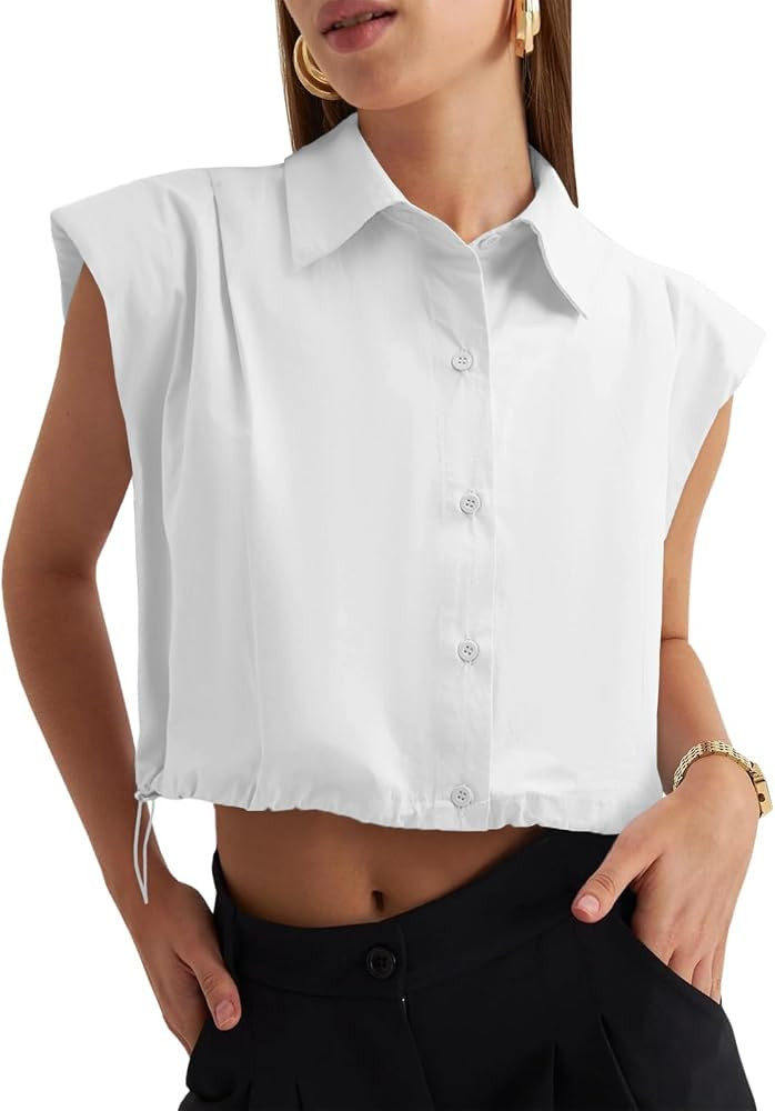 Tankaneo Womens Sleeveless Button Down Shirts Casual Loose V Neck Pad Shoulder Crop Tank Top | Amazon (US)