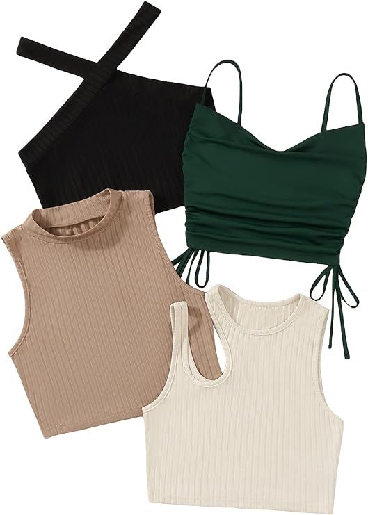 MakeMeChic Women's Casual 4 Pieces Solid Ribbed Knit Crop Tank Tops Vest Pack | Amazon (US)